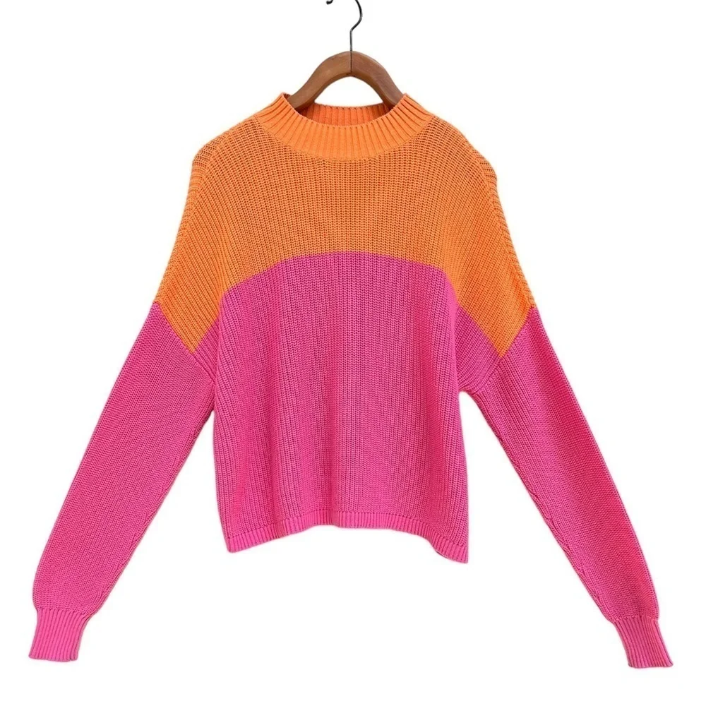 Bar III Cotton Colorblocked Mock-Neck Pink Orange Sweater, Size Small